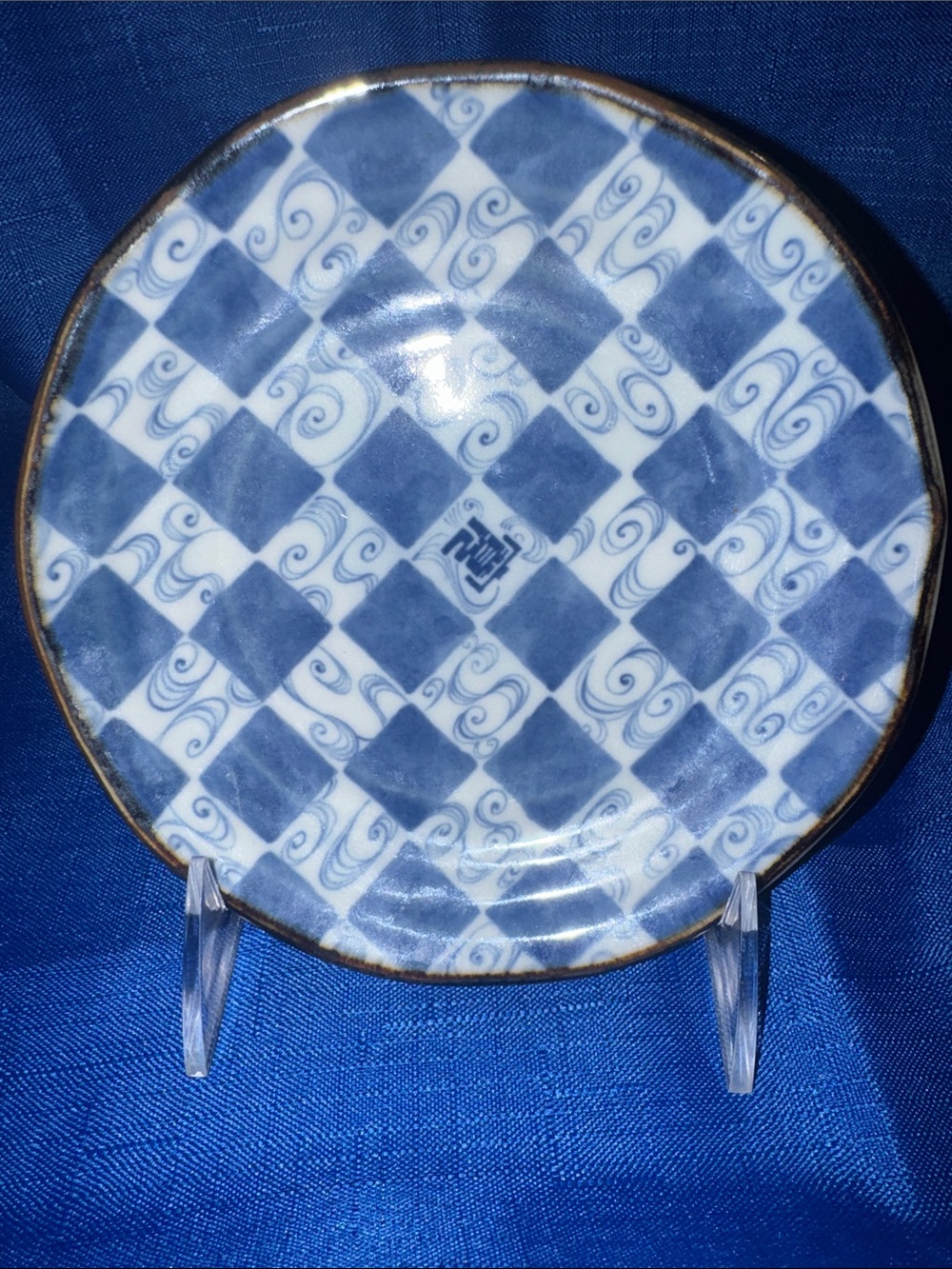Vintage Japanese Blue & White Checkered Pattern Porcelain Plate - 6”